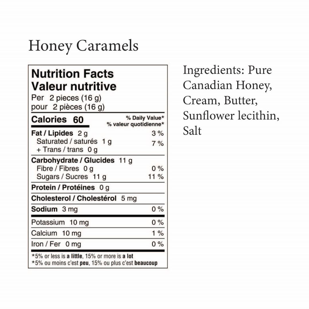 The nutrition label and ingredients list for Three Foragers honey caramels