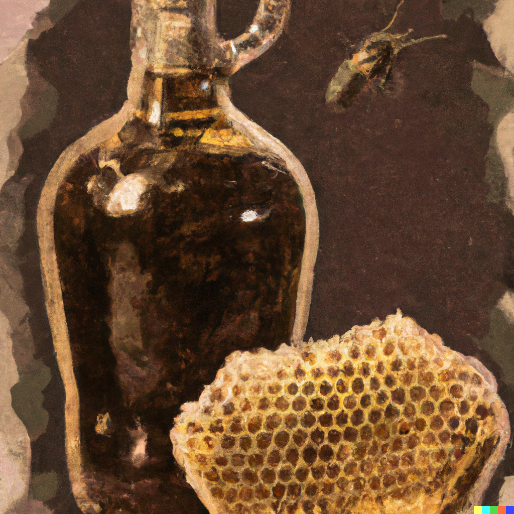 Art showing a glass jug of mead next to honeycomb and a bee