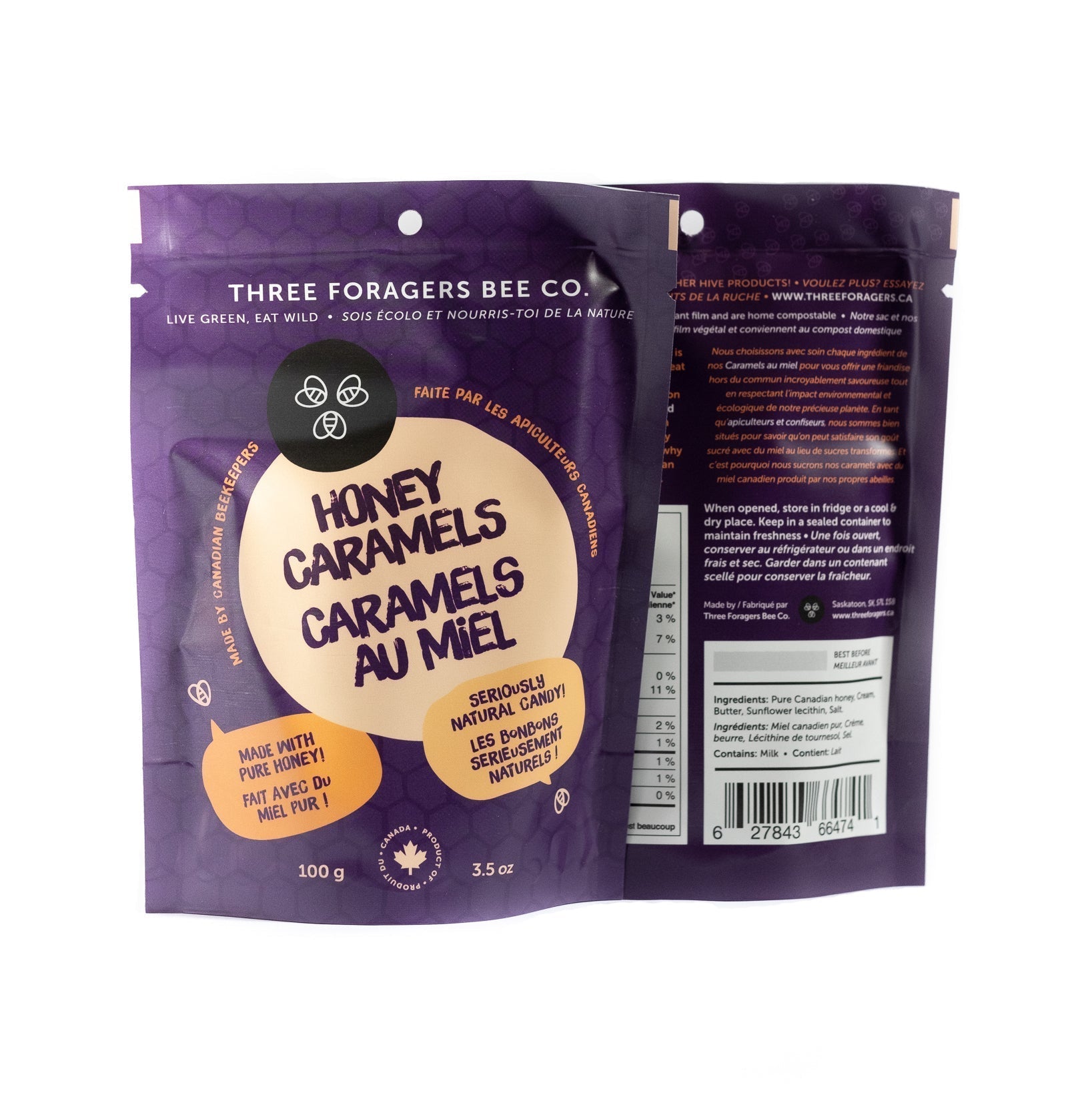 The front and back of a Three Foragers Honey Caramels bag