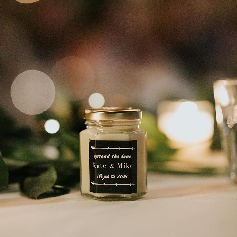 A wedding favour jar of honey