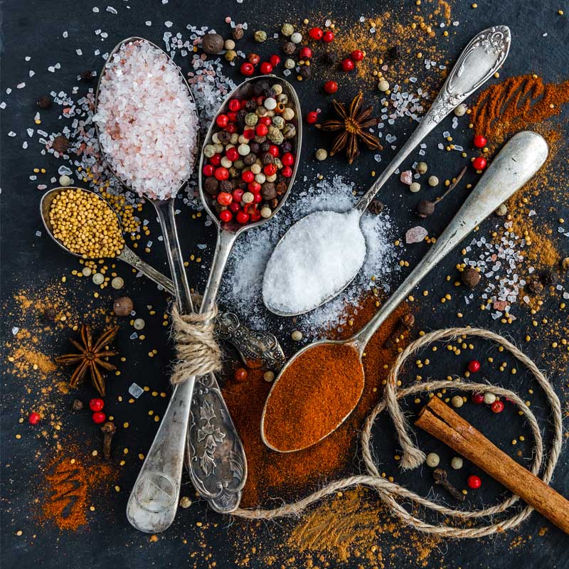 A variety of spoons with a variety of spices